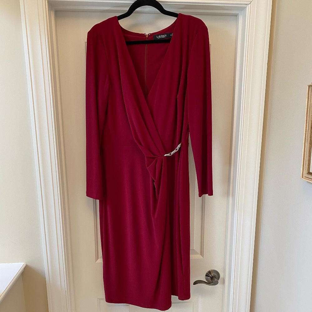 Lauren Ralph Lauren Crimson Red Long Sleeve Faux Wrap Dress